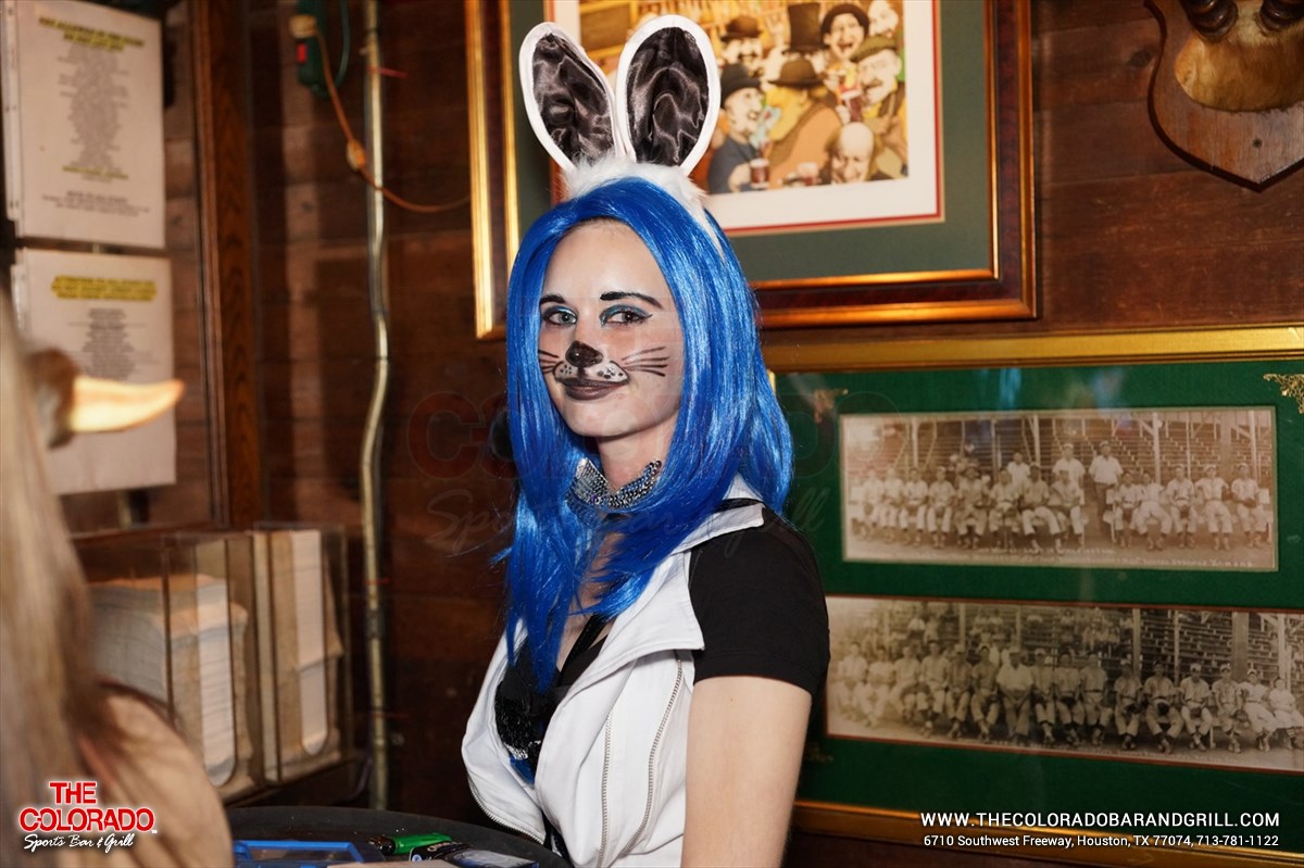 waitress with blue hair and cat costume